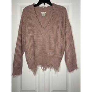 Main Strip Cable Knit V Neck Fray Hem sweater small mauve